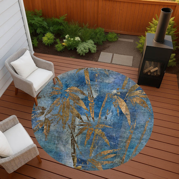 HomeRoots 8' Round Botanical Leaves Area Rug - Blue & Brown, Washable, Durable for Indoor & Outdoor Spaces 639199