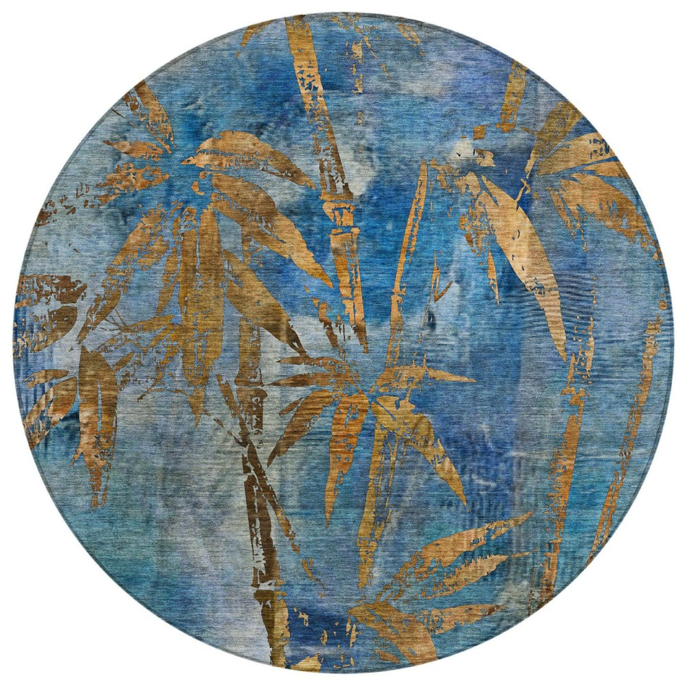 HomeRoots 8' Round Botanical Leaves Area Rug - Blue & Brown, Washable, Durable for Indoor & Outdoor Spaces 639199