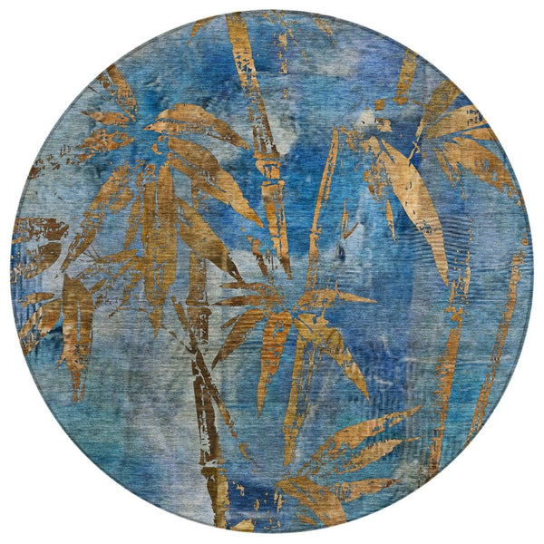 HomeRoots 8' Round Botanical Leaves Area Rug - Blue & Brown, Washable, Durable for Indoor & Outdoor Spaces 639199