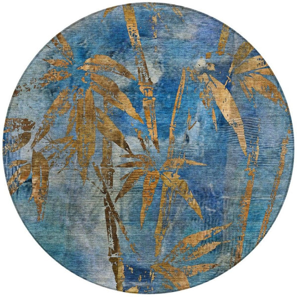HomeRoots 8' Round Botanical Leaves Area Rug - Blue & Brown, Washable, Durable for Indoor & Outdoor Spaces 639199