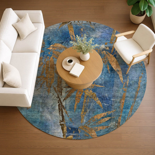 HomeRoots 8' Round Botanical Leaves Area Rug - Blue & Brown, Washable, Durable for Indoor & Outdoor Spaces 639199