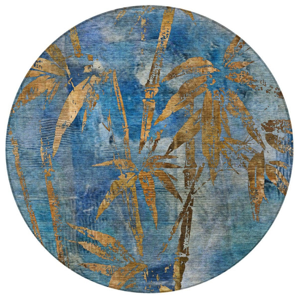 HomeRoots 8' Round Botanical Leaves Area Rug - Blue & Brown, Washable, Durable for Indoor & Outdoor Spaces 639199