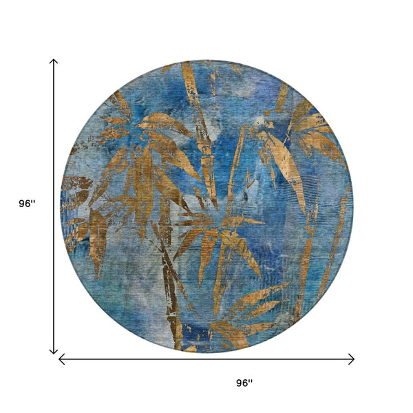 HomeRoots 8' Round Botanical Leaves Area Rug - Blue & Brown, Washable, Durable for Indoor & Outdoor Spaces 639199