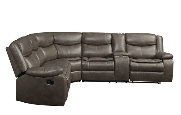English Elm Tavin Taupe Faux Leather Sectional Recliner Sofa w/ Cupholder Console, 2 Recliners, Storage, 3-Seat Motion B2726S00126