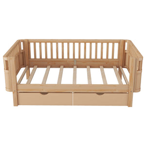 English Elm Twin Solid Wood Platform Bed with Guardrail for Kids, Low-Profile Sturdy Pine Frame, Safe Sleep Solution Natural 69.69 L x 18.5 W x 7.68 H W2593P331680