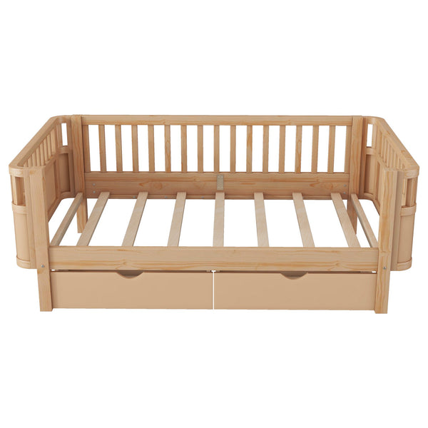 English Elm Twin Solid Wood Platform Bed with Guardrail for Kids, Low-Profile Sturdy Pine Frame, Safe Sleep Solution Natural 69.69 L x 18.5 W x 7.68 H W2593P331680