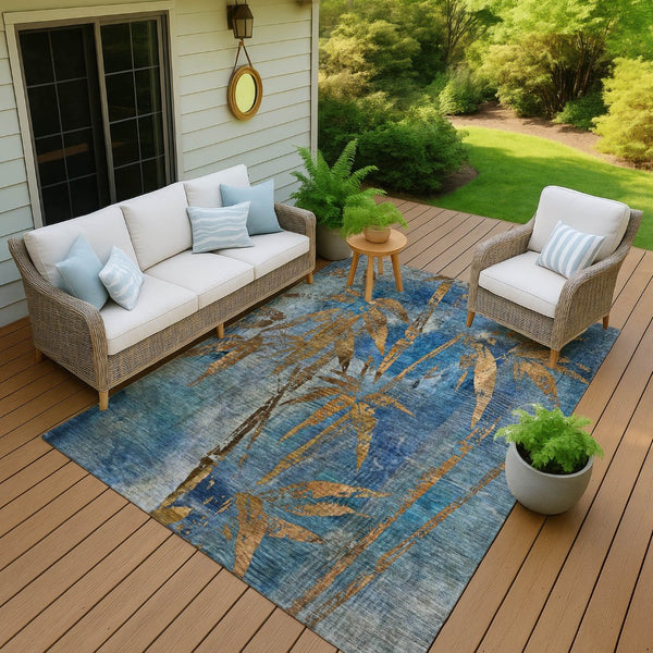HomeRoots 8' X 10' Blue & Brown Botanical Leaves Rug - Stylish, Durable, Washable for Indoor & Outdoor Use 639200