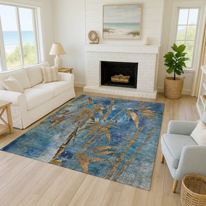 HomeRoots 8' X 10' Blue & Brown Botanical Leaves Rug - Stylish, Durable, Washable for Indoor & Outdoor Use 639200