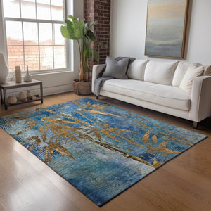HomeRoots 8' X 10' Blue & Brown Botanical Leaves Rug - Stylish, Durable, Washable for Indoor & Outdoor Use 639200