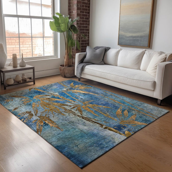 HomeRoots 8' X 10' Blue & Brown Botanical Leaves Rug - Stylish, Durable, Washable for Indoor & Outdoor Use 639200