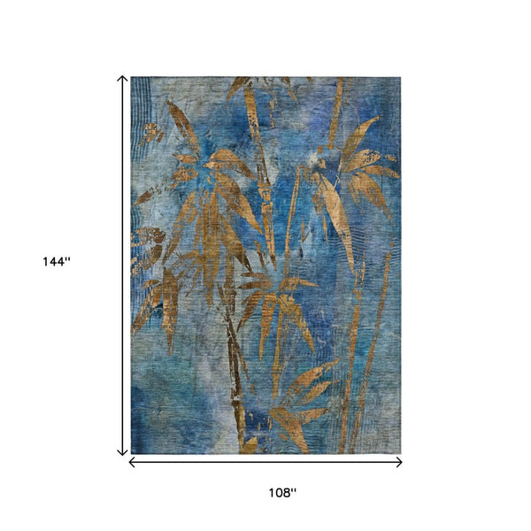 HomeRoots 9' Blue and Brown Botanical Leaves Washable Area Rug – Stylish, Durable, Perfect for Indoor/Outdoor Use! 639201