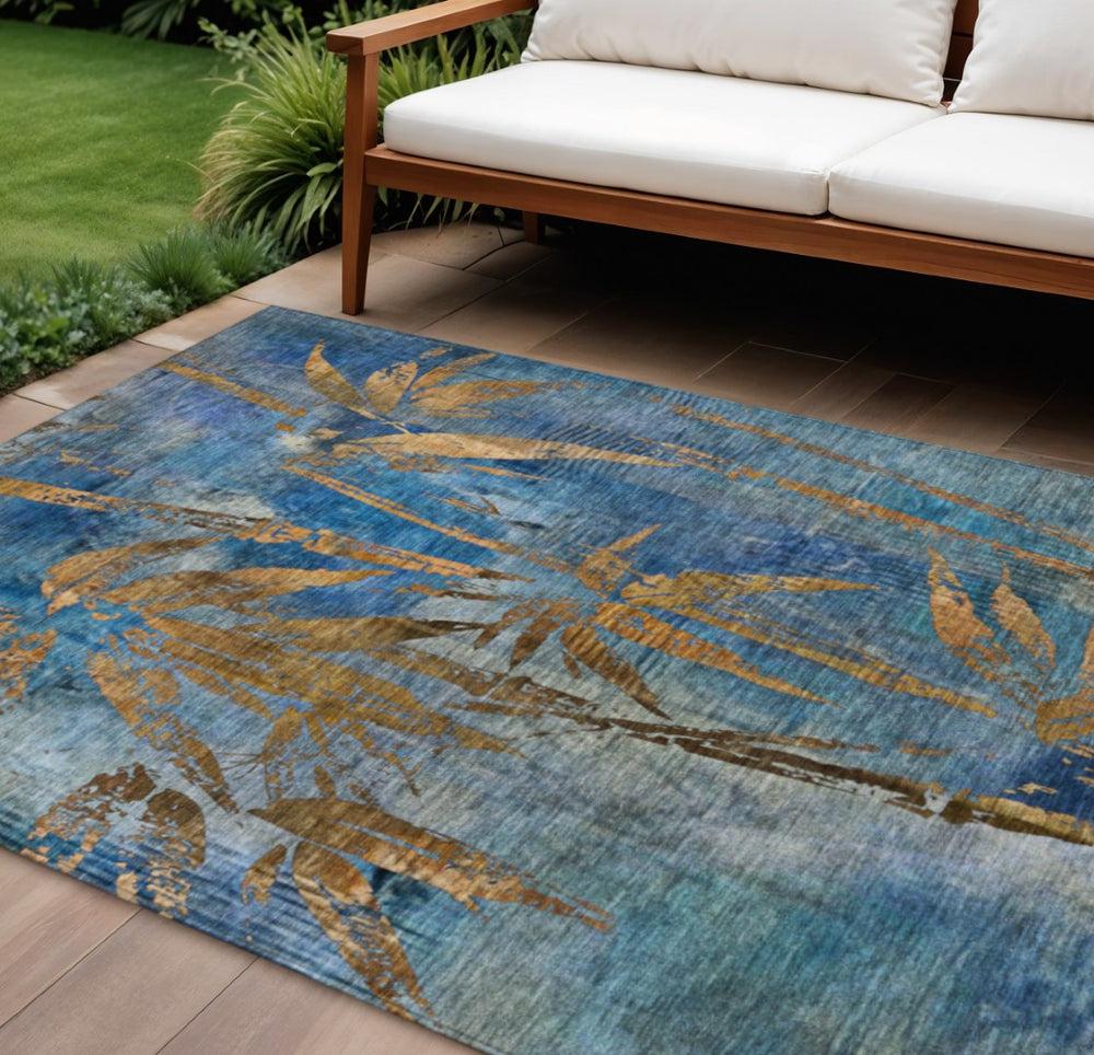 HomeRoots 10' Blue & Brown Botanical Leaves Area Rug - Washable, Durable, Indoor/Outdoor, Pet-Friendly Design! 639202