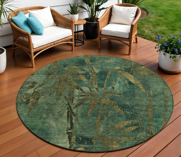 HomeRoots 8' Stylish Green and Brown Round Botanical Leaves Rug - Washable Indoor/Outdoor Decor for All Spaces 639205