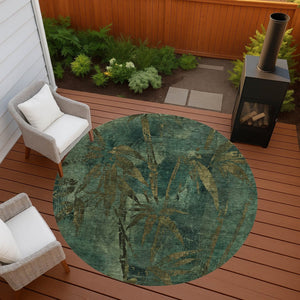 HomeRoots 8' Stylish Green and Brown Round Botanical Leaves Rug - Washable Indoor/Outdoor Decor for All Spaces 639205