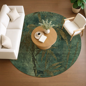 HomeRoots 8' Stylish Green and Brown Round Botanical Leaves Rug - Washable Indoor/Outdoor Decor for All Spaces 639205
