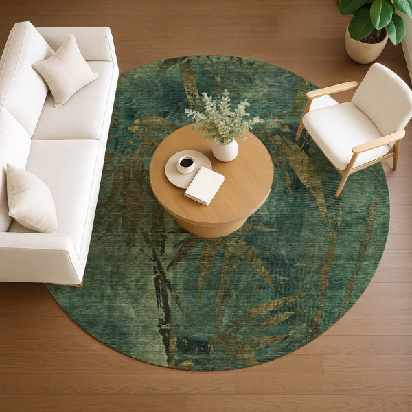 HomeRoots 8' Stylish Green and Brown Round Botanical Leaves Rug - Washable Indoor/Outdoor Decor for All Spaces 639205