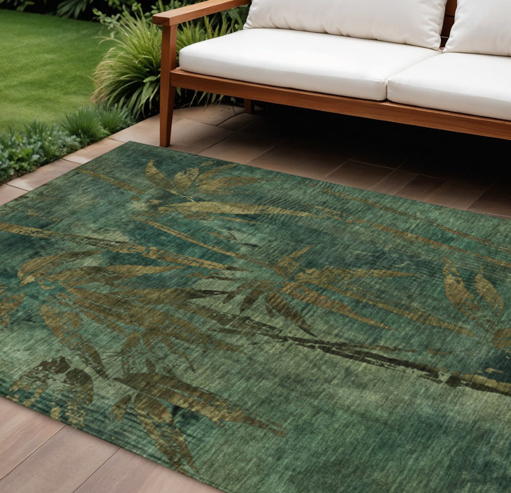HomeRoots 10' Stylish Green & Brown Botanical Leaves Rug - Washable Indoor/Outdoor, Durable & Easy Care Design! 639208