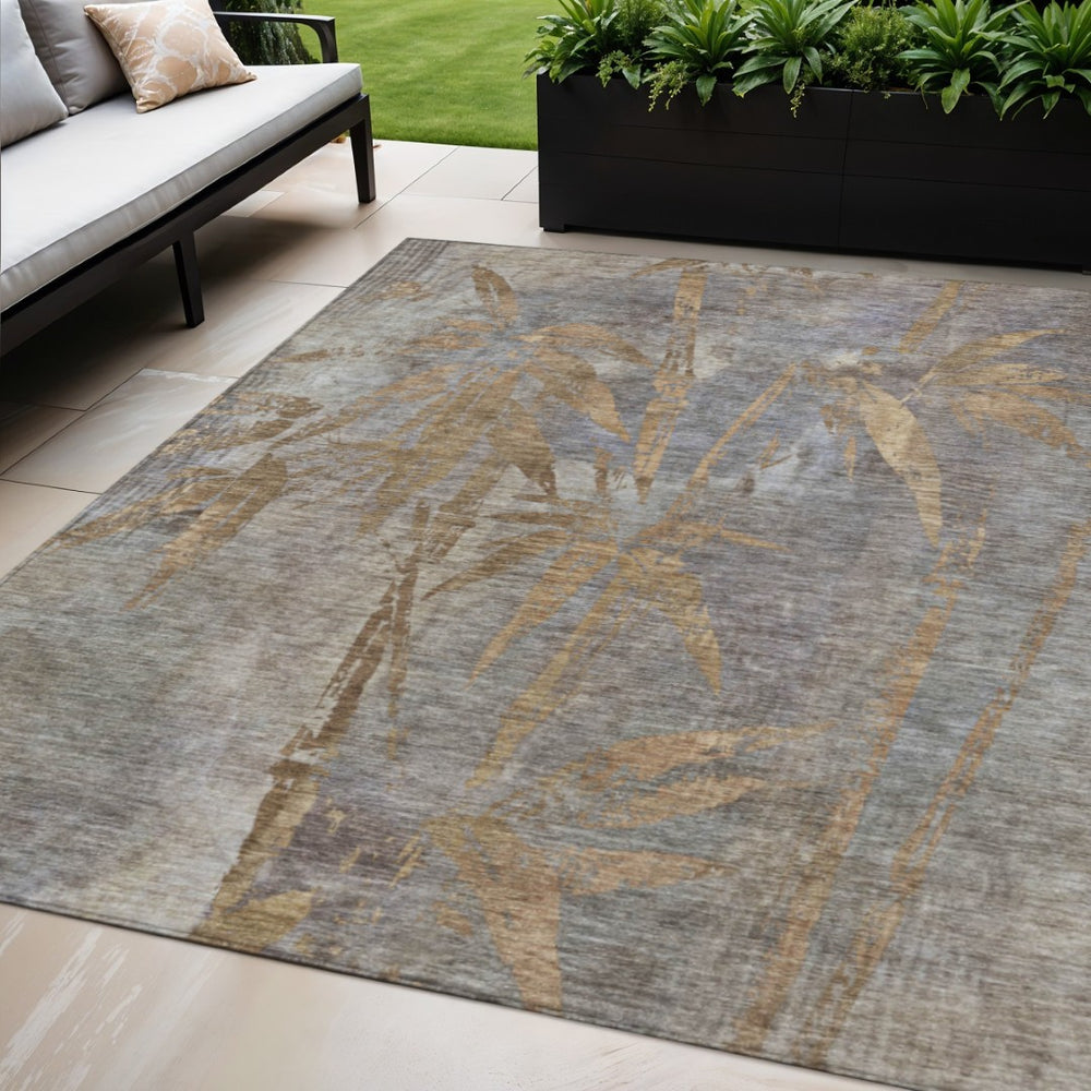 HomeRoots 5' Washable Khaki & Gray Botanical Leaves Area Rug - Durable, Stylish for Indoor/Outdoor Use 639210