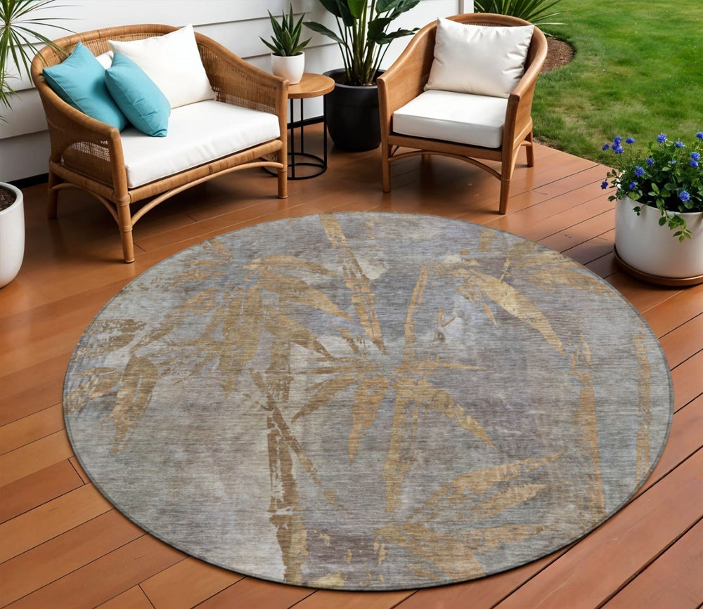 HomeRoots 8' Khaki and Gray Round Botanical Leaves Rug – Washable, Durable for Indoor & Outdoor Spaces 639211