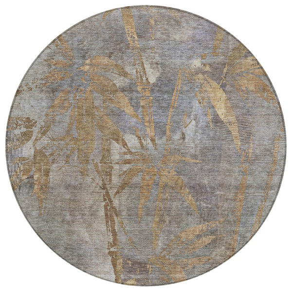 HomeRoots 8' Khaki and Gray Round Botanical Leaves Rug – Washable, Durable for Indoor & Outdoor Spaces 639211