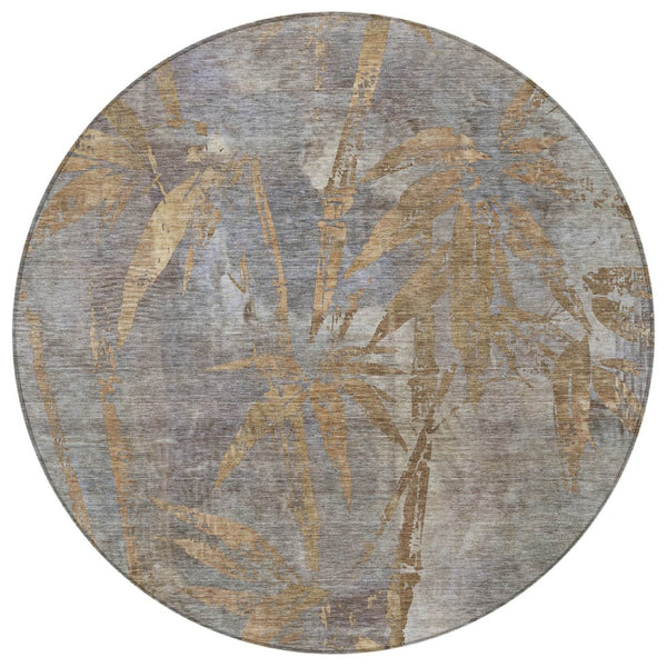 HomeRoots 8' Khaki and Gray Round Botanical Leaves Rug – Washable, Durable for Indoor & Outdoor Spaces 639211