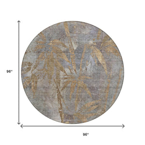 HomeRoots 8' Khaki and Gray Round Botanical Leaves Rug – Washable, Durable for Indoor & Outdoor Spaces 639211
