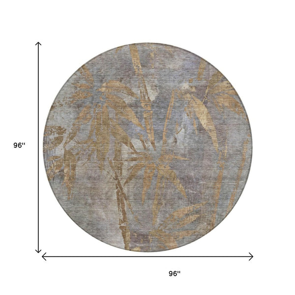 HomeRoots 8' Khaki and Gray Round Botanical Leaves Rug – Washable, Durable for Indoor & Outdoor Spaces 639211