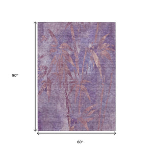 HomeRoots 5' X 8' Stylish Plum and Blush Botanical Leaves Area Rug - Washable, Durable, Indoor/Outdoor Use 639216