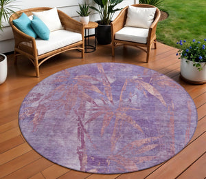 HomeRoots 8' Stylish Plum and Blush Round Botanical Leaves Rug - Washable, Durable, Indoor/Outdoor Accent Decor 639217
