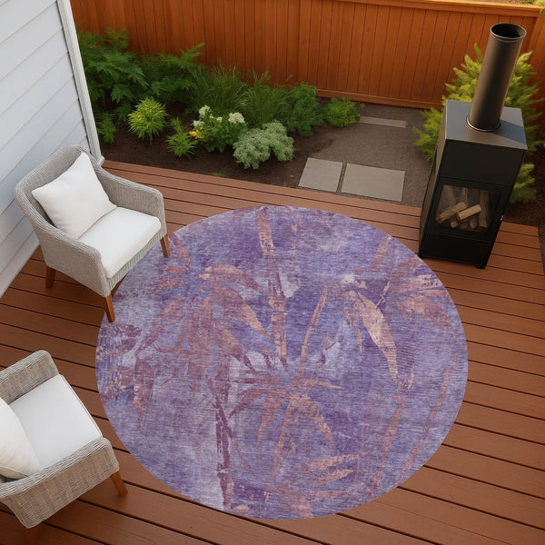 HomeRoots 8' Stylish Plum and Blush Round Botanical Leaves Rug - Washable, Durable, Indoor/Outdoor Accent Decor 639217