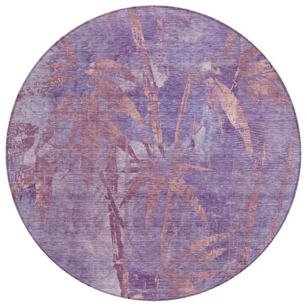 HomeRoots 8' Stylish Plum and Blush Round Botanical Leaves Rug - Washable, Durable, Indoor/Outdoor Accent Decor 639217
