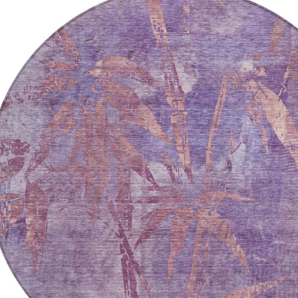 HomeRoots 8' Stylish Plum and Blush Round Botanical Leaves Rug - Washable, Durable, Indoor/Outdoor Accent Decor 639217