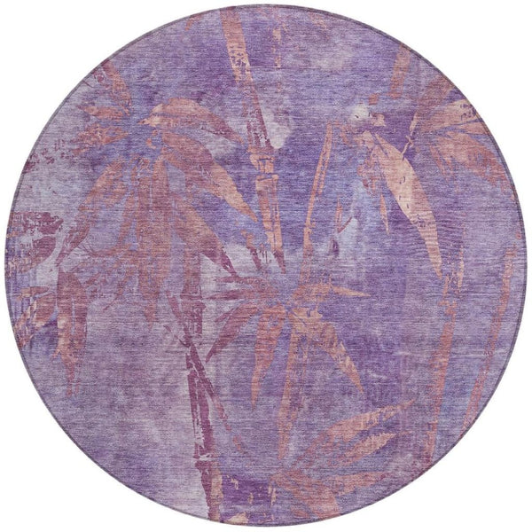 HomeRoots 8' Stylish Plum and Blush Round Botanical Leaves Rug - Washable, Durable, Indoor/Outdoor Accent Decor 639217