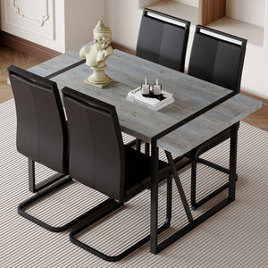 English Elm Table Set: Modern Minimalist Grey Marble Dining Table With 4 Black Pu Leather Chairs & Metal Frame W1151S02683-GIGA