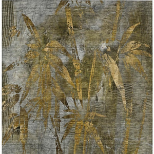 HomeRoots 5' X 8' Leaf Design Washable Area Rug - Elegant Pewter & Gold Botanical Charm for Indoor/Outdoor Use 639222
