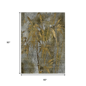 HomeRoots 5' X 8' Leaf Design Washable Area Rug - Elegant Pewter & Gold Botanical Charm for Indoor/Outdoor Use 639222