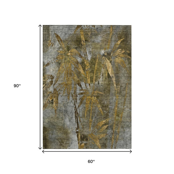 HomeRoots 5' X 8' Leaf Design Washable Area Rug - Elegant Pewter & Gold Botanical Charm for Indoor/Outdoor Use 639222