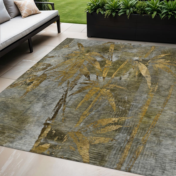 HomeRoots 5' X 8' Leaf Design Washable Area Rug - Elegant Pewter & Gold Botanical Charm for Indoor/Outdoor Use 639222