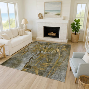 HomeRoots 5' X 8' Leaf Design Washable Area Rug - Elegant Pewter & Gold Botanical Charm for Indoor/Outdoor Use 639222