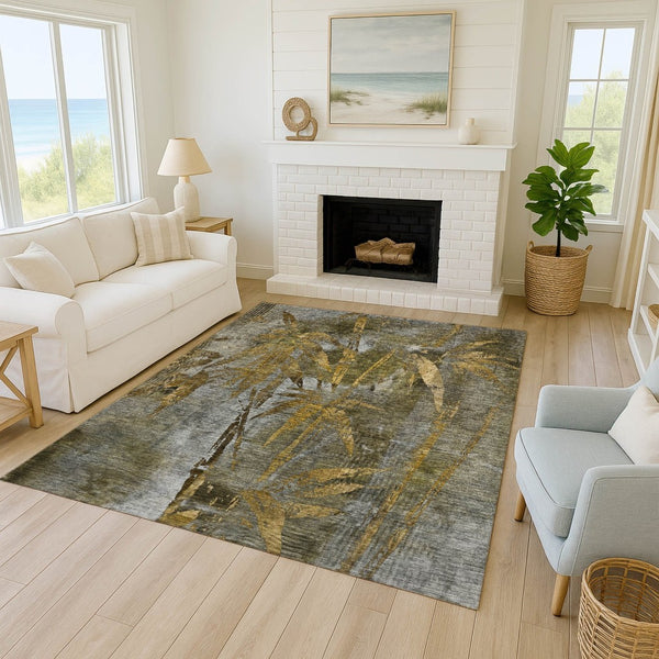 HomeRoots 5' X 8' Leaf Design Washable Area Rug - Elegant Pewter & Gold Botanical Charm for Indoor/Outdoor Use 639222