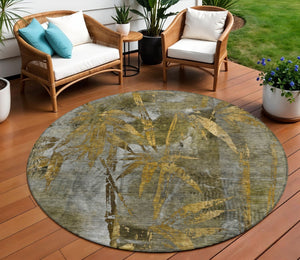 HomeRoots 8' Pewter and Gold Round Botanical Leaves Rug - Stylish, Washable, Durable for Indoor & Outdoor Use 639223