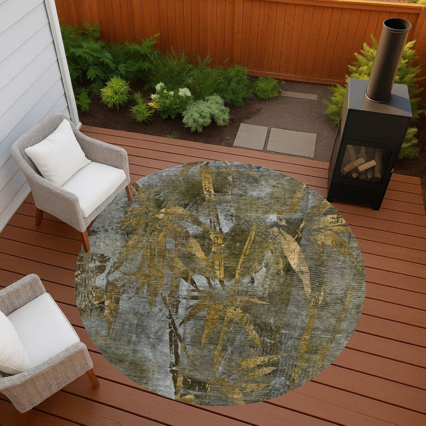 HomeRoots 8' Pewter and Gold Round Botanical Leaves Rug - Stylish, Washable, Durable for Indoor & Outdoor Use 639223