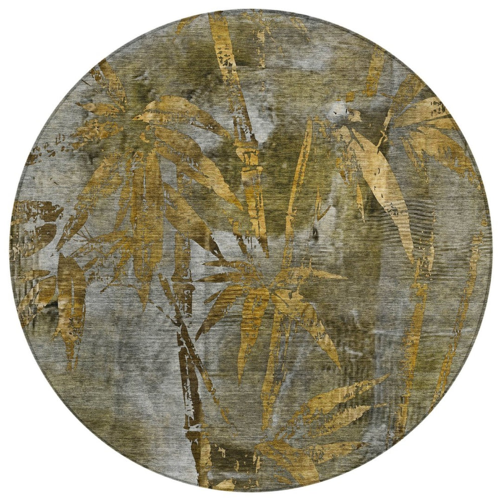 HomeRoots 8' Pewter and Gold Round Botanical Leaves Rug - Stylish, Washable, Durable for Indoor & Outdoor Use 639223
