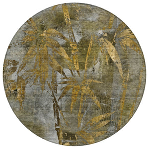 HomeRoots 8' Pewter and Gold Round Botanical Leaves Rug - Stylish, Washable, Durable for Indoor & Outdoor Use 639223