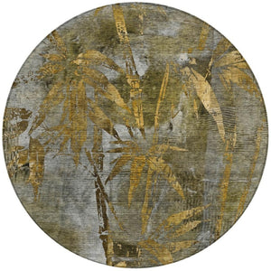 HomeRoots 8' Pewter and Gold Round Botanical Leaves Rug - Stylish, Washable, Durable for Indoor & Outdoor Use 639223
