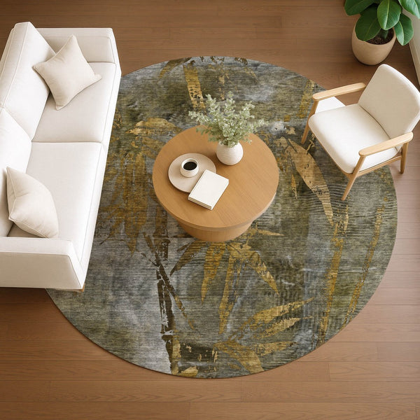 HomeRoots 8' Pewter and Gold Round Botanical Leaves Rug - Stylish, Washable, Durable for Indoor & Outdoor Use 639223
