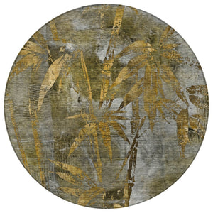 HomeRoots 8' Pewter and Gold Round Botanical Leaves Rug - Stylish, Washable, Durable for Indoor & Outdoor Use 639223