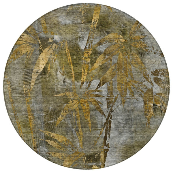 HomeRoots 8' Pewter and Gold Round Botanical Leaves Rug - Stylish, Washable, Durable for Indoor & Outdoor Use 639223