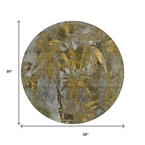 HomeRoots 8' Pewter and Gold Round Botanical Leaves Rug - Stylish, Washable, Durable for Indoor & Outdoor Use 639223