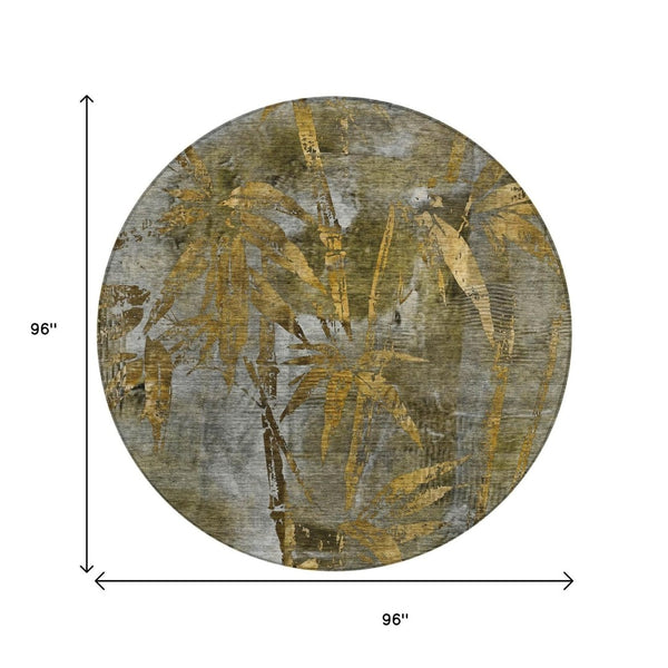 HomeRoots 8' Pewter and Gold Round Botanical Leaves Rug - Stylish, Washable, Durable for Indoor & Outdoor Use 639223
